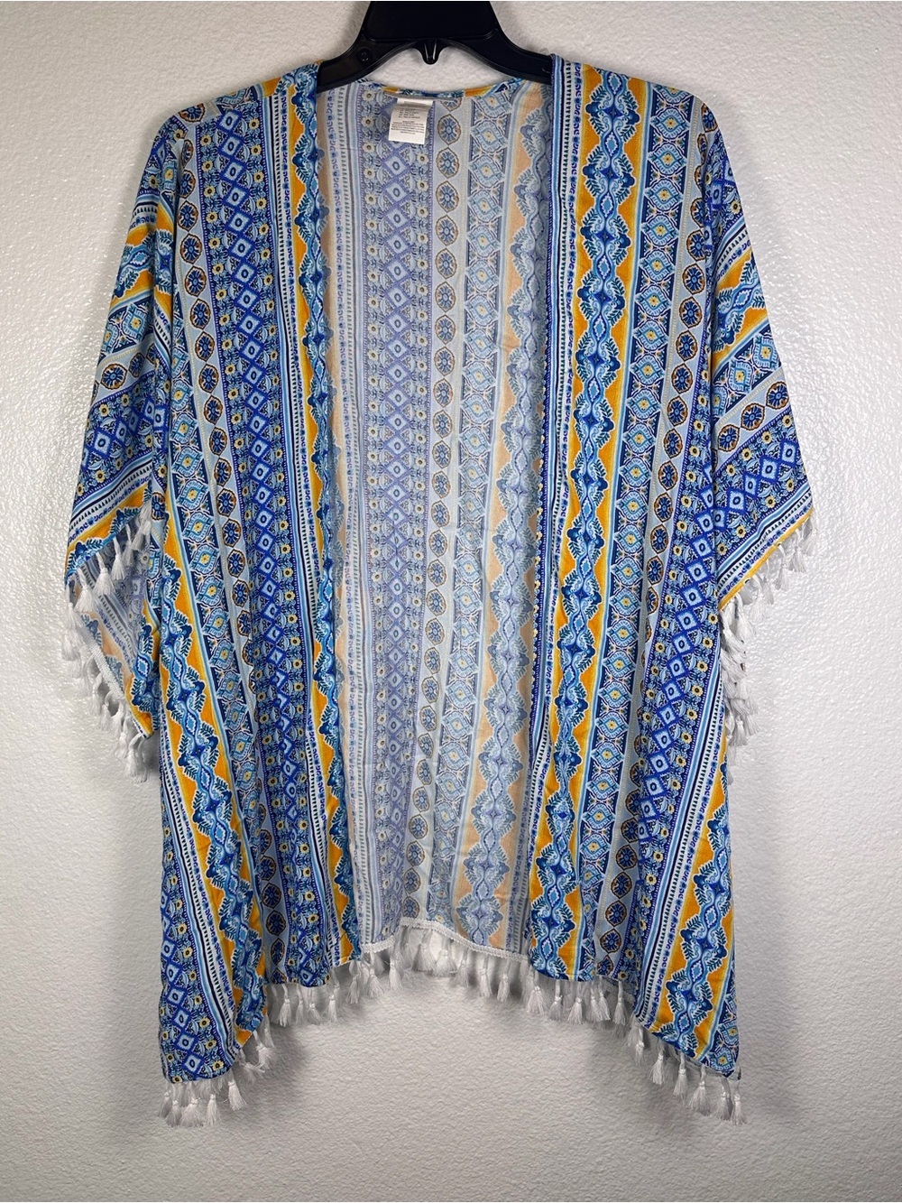 La Blanca Blue Yellow Geometric Fringe
Shawl Wrap Cover-Up Woven Rayon Women's